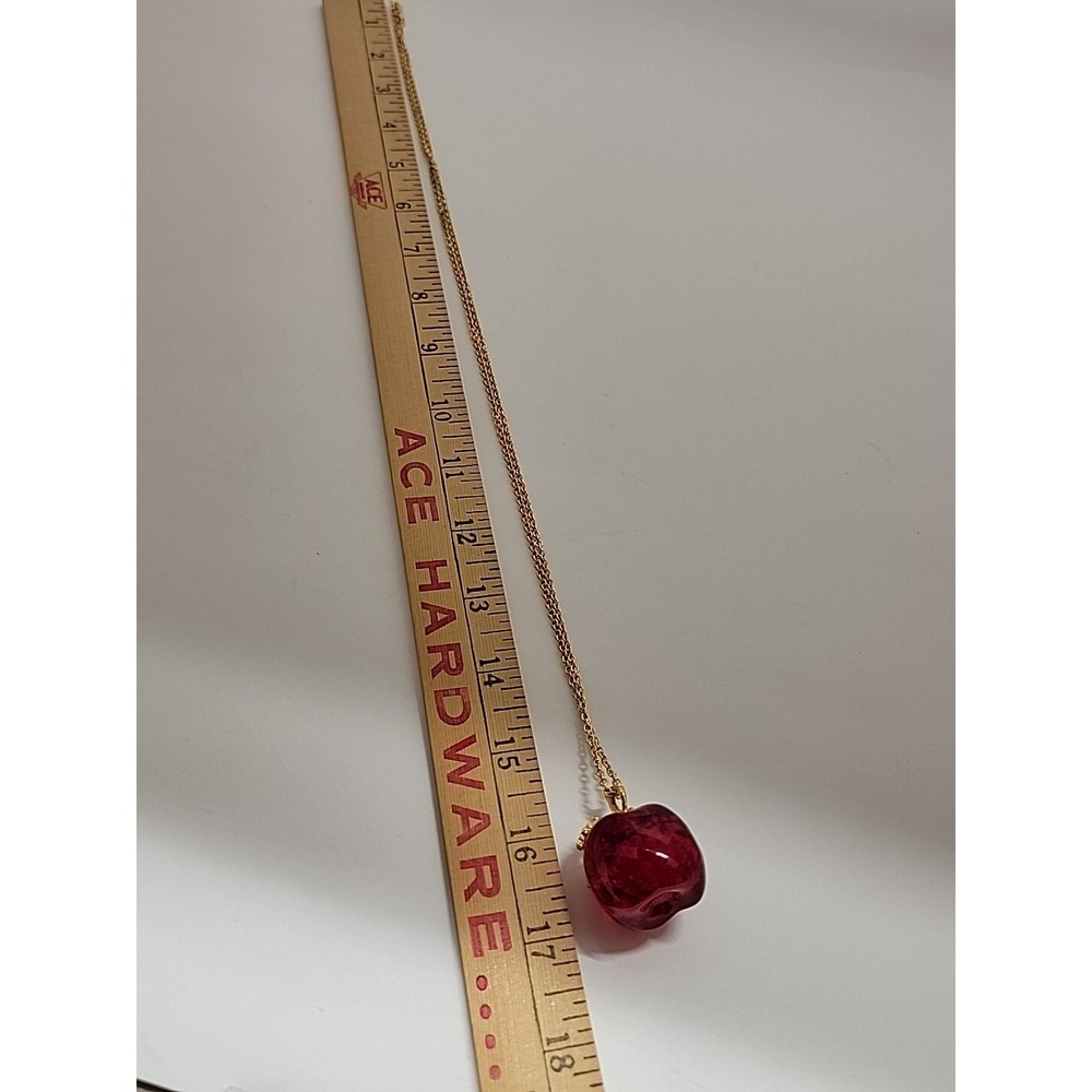 AVON Signed Lucite Candy Red Apple Necklace with Rhinestones 32" Gold Tone Chain - Picture 10 of 10